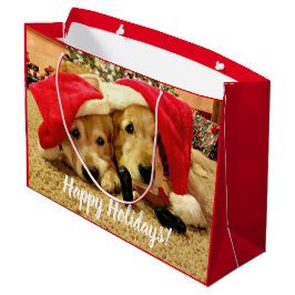 サンタハットのクリスマスに2頭のゴールデン·レトリーバー犬 ラージペーパーバッグ