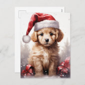 サンタハットのクリスマスに、かわいいフワフワの子犬 シーズンポストカード (正面/裏面)