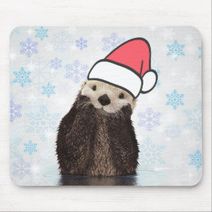 サンタハットのクリスマスを着たかわいいカワウソ マウスパッド