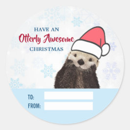 サンタハットのクリスマスを着たかわいいカワウソ ラウンドシール