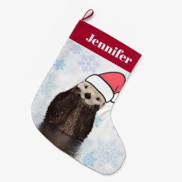 サンタハットのクリスマスを着たかわいいカワウソ ラージクリスマスストッキング