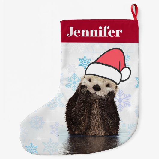 サンタハットのクリスマスを着たかわいいカワウソ ラージクリスマスストッキング (裏面)