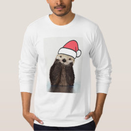 サンタハットのクリスマスを着たかわいいカワウソ Tシャツ
