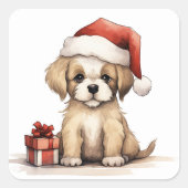 サンタハットのクリスマスを着たかわいい子犬 スクエアシール (正面)