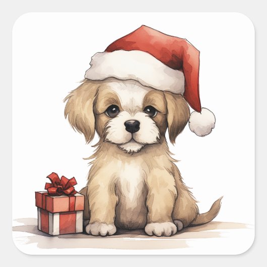 サンタハットのクリスマスを着たかわいい子犬 スクエアシール (正面)