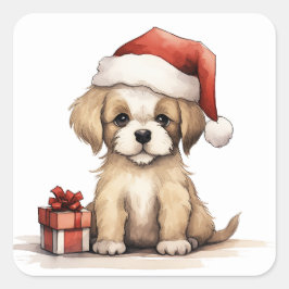 サンタハットのクリスマスを着たかわいい子犬 スクエアシール