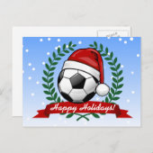 サンタハットのクリスマスを着たサッカーボール シーズンポストカード (正面/裏面)