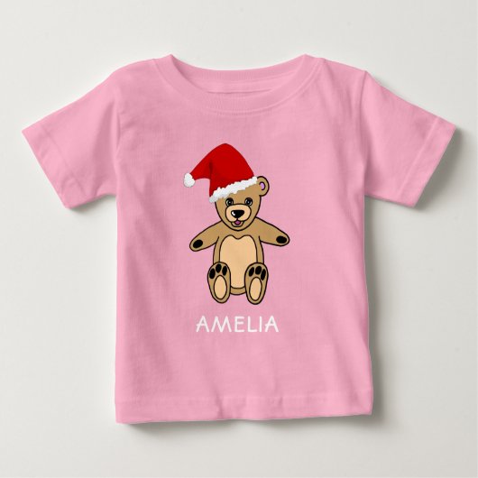 サンタハットのクリスマスを飾った可愛いテディベア ベビーTシャツ (正面)