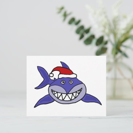 サンタハットのクリスマスアートを着た笑顔のサメ シーズンポストカード (スタンド正面)