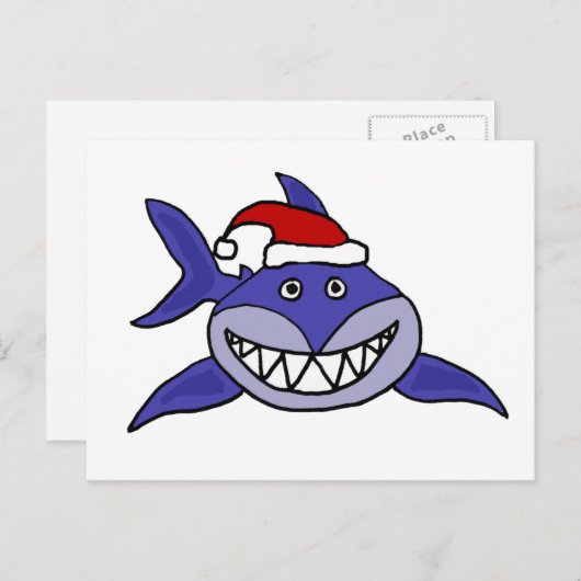 サンタハットのクリスマスアートを着た笑顔のサメ シーズンポストカード (正面/裏面)