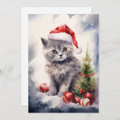 サンタハットのクリスマスカードを持つ猫 シーズンカード (正面/裏面)