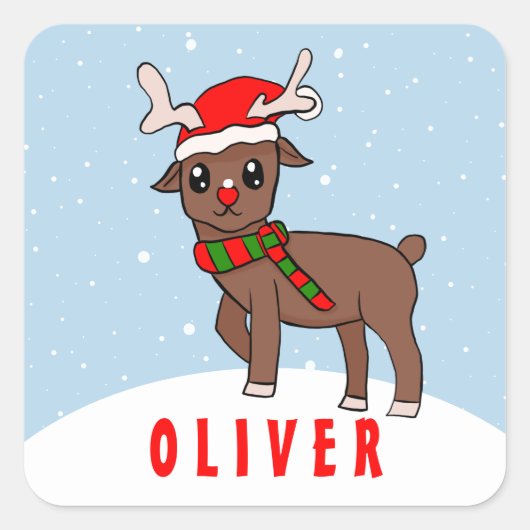 サンタハットのクリスマスキッドが登場する可愛い鹿 スクエアシール (正面)
