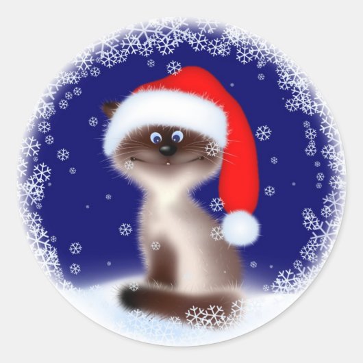 サンタハットのクリスマスキャット ラウンドシール (正面)