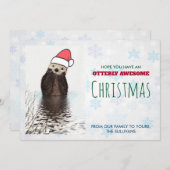 サンタハットのクリスマスグリーティングを身につけたかわいいカワウソ サンキューカード (正面/裏面)