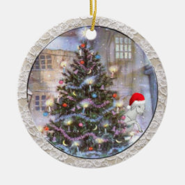 サンタハットのクリスマスツリーとヤギ セラミックオーナメント