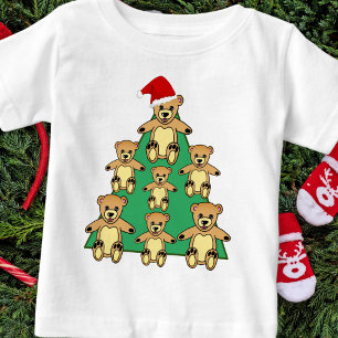サンタハットのクリスマスツリーと可愛いテディベア ベビーTシャツ