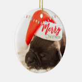 サンタハットのクリスマスパグとフェスティバル灯 セラミックオーナメント (右)