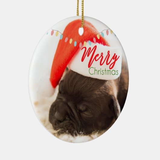 サンタハットのクリスマスパグとフェスティバル灯 セラミックオーナメント (右)