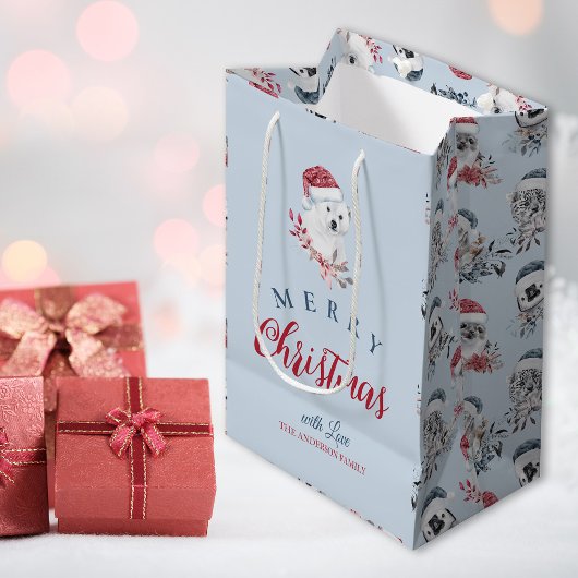 サンタハットのクリスマスパターンの可愛い野生動物 ミディアムペーパーバッグ