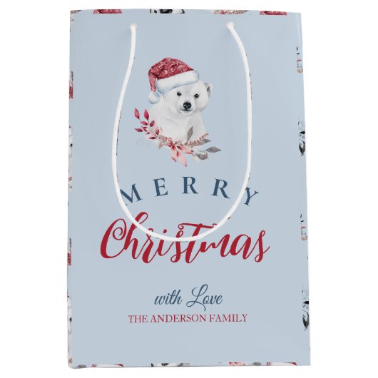 サンタハットのクリスマスパターンの可愛い野生動物 ミディアムペーパーバッグ (正面)