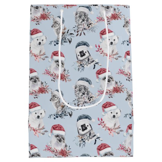 サンタハットのクリスマスパターンの可愛い野生動物 ミディアムペーパーバッグ (裏面)