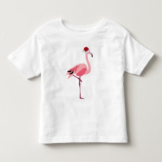 サンタハットのクリスマスピンクのフラミンゴ鳥 トドラーTシャツ (正面)