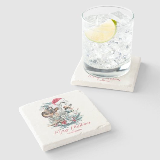 サンタハットのクリスマスホース女性のカーボーイカウボーイブーツ ストーンコースター (横)