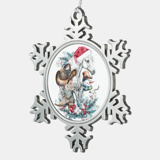 サンタハットのクリスマスホース女性のカーボーイカウボーイブーツ スノーフレークピューターオーナメント (右)