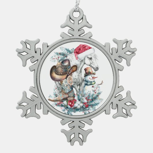 サンタハットのクリスマスホース女性のカーボーイカウボーイブーツ スノーフレークピューターオーナメント (正面)