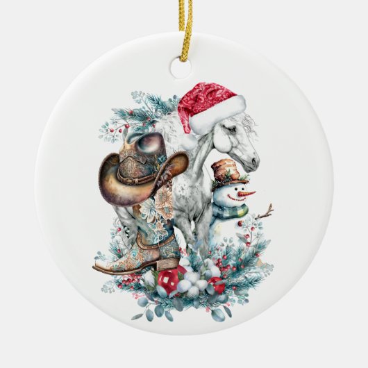サンタハットのクリスマスホース女性のカーボーイカウボーイブーツ セラミックオーナメント (正面)