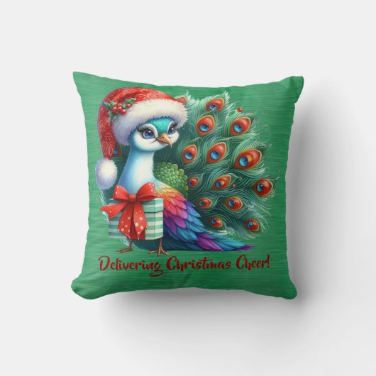 サンタハットのクリスマス孔雀デリバリー応援 クッション (正面)