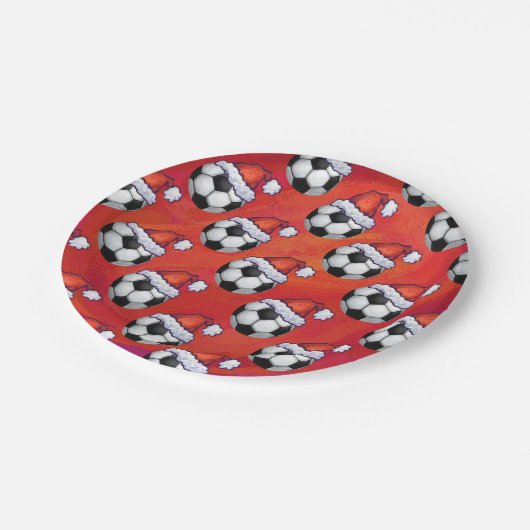 サンタハットのサッカーボールパターン（赤） ペーパープレート (アングル)