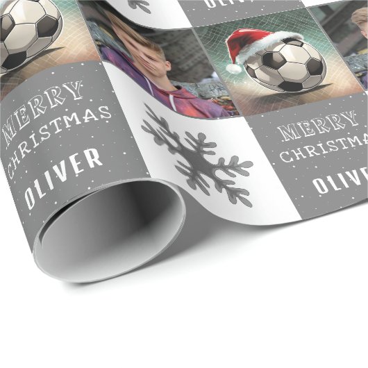 サンタハットのスノーフレーク写真とサッカーボール ラッピングペーパー (ロールコーナー)