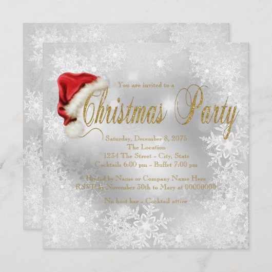 サンタハットのスノーフレーク·クリスマス·パーティーの催し 招待状 (正面/裏面)