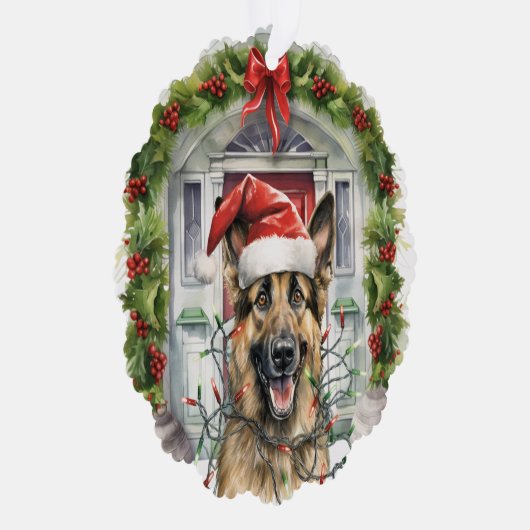 サンタハットのドイツの羊飼いフロントドアクリスマス オーナメントカード (右)