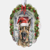 サンタハットのドイツの羊飼いフロントドアクリスマス オーナメントカード (左)