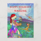 サンタハットのバジェットを着たクリスマス恐竜 シーズンポストカード (正面)