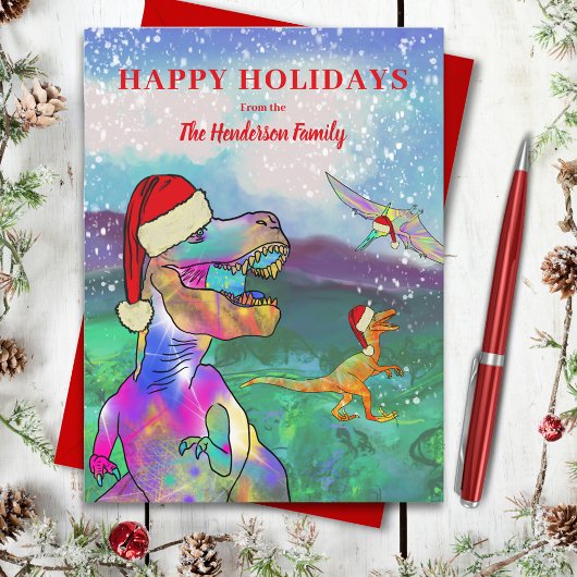 サンタハットのバジェットを着たクリスマス恐竜 シーズンポストカード