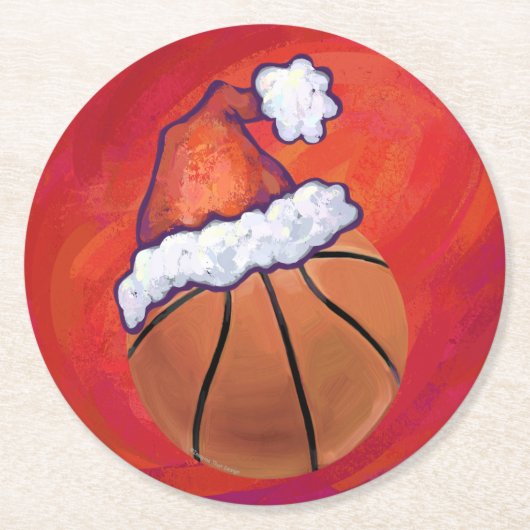サンタハットのバスケットボール ラウンドペーパーコースター (正面)