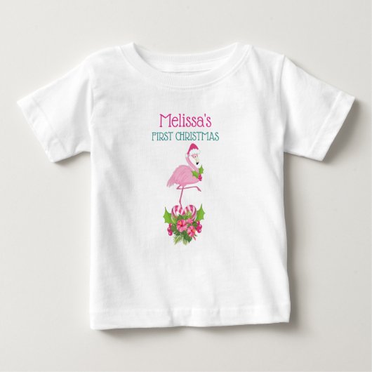 サンタハットのピンクのフラミンゴ第1クリスマス ベビーTシャツ (正面)