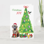 サンタハットのマスティフ、鳥とクリスマスツリー シーズンカード (正面)