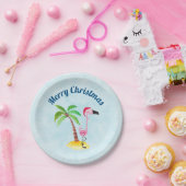 サンタハットのメリークリスマスピンクフラミンゴ ペーパープレート (パーティー)