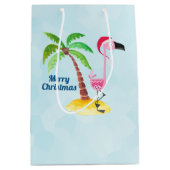 サンタハットのメリークリスマスピンクフラミンゴ ミディアムペーパーバッグ (正面)