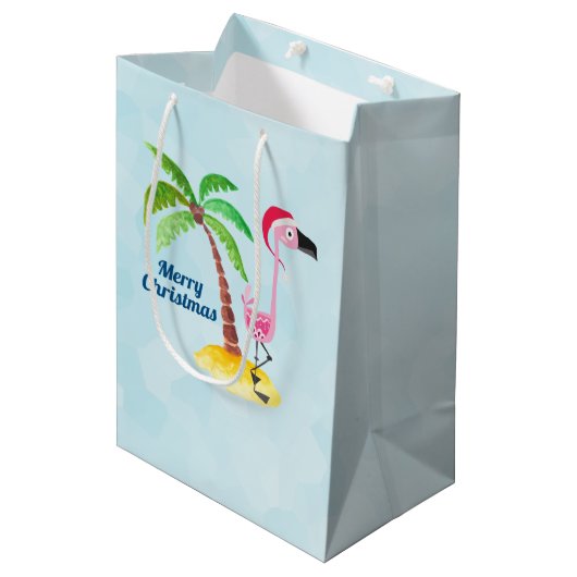 サンタハットのメリークリスマスピンクフラミンゴ ミディアムペーパーバッグ (正面アングル)