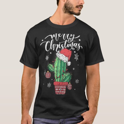 サンタハットの光で陽気なクリスマスサボテンおもしろい Tシャツ (正面)