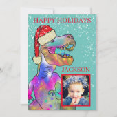 サンタハットの写真を着たクリスマス恐竜Tレックス シーズンカード (正面)