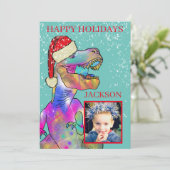 サンタハットの写真を着たクリスマス恐竜Tレックス シーズンカード (スタンド正面)