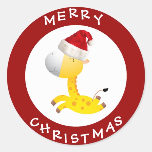 サンタハットの可愛いキリン赤いクリスマスステッカー ラウンドシール (正面)