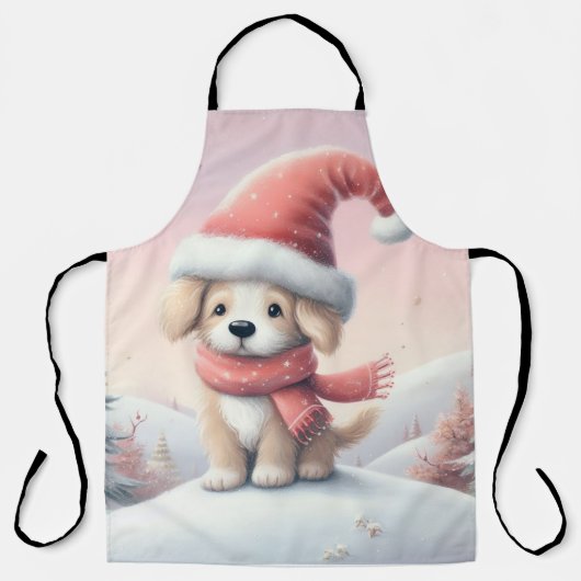 サンタハットの可愛いクリスマスの子犬 エプロン (正面)