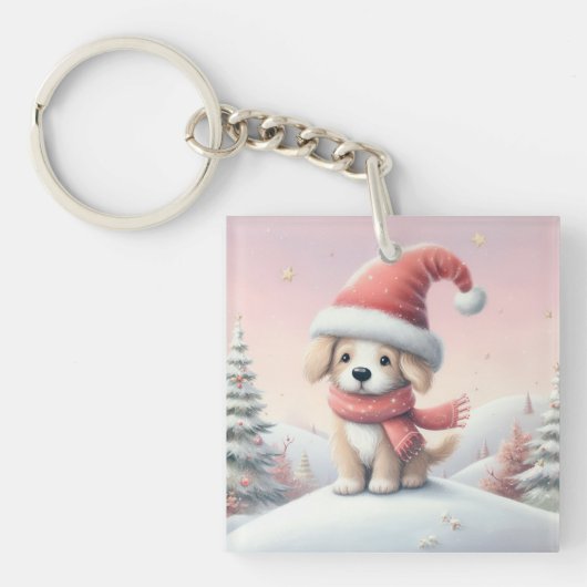 サンタハットの可愛いクリスマスの子犬 キーホルダー (正面)